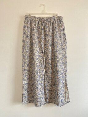 Kim Rogers Sport Blue Floral Linen Maxi Skirt 1X Elastic Waist Made In USA